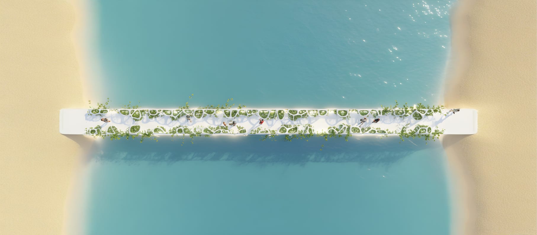 Top-down view of the Voronoi bridge spanning turquoise water between two sand banks