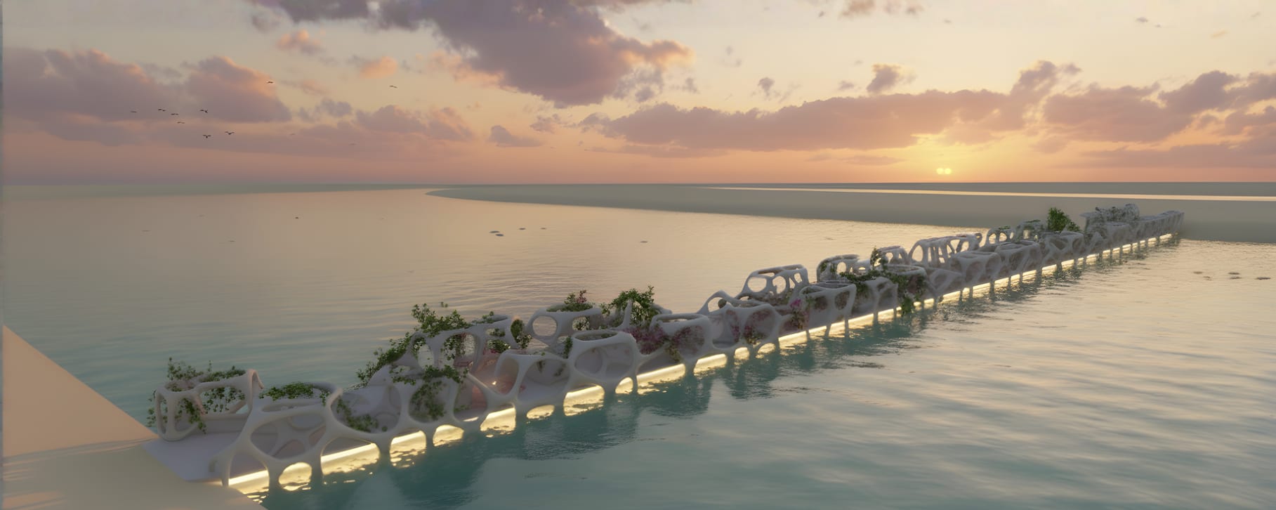 Sunset view of the Maraj Voronoi-cell pedestrian bridge crossing calm water, with greenery growing in the cells