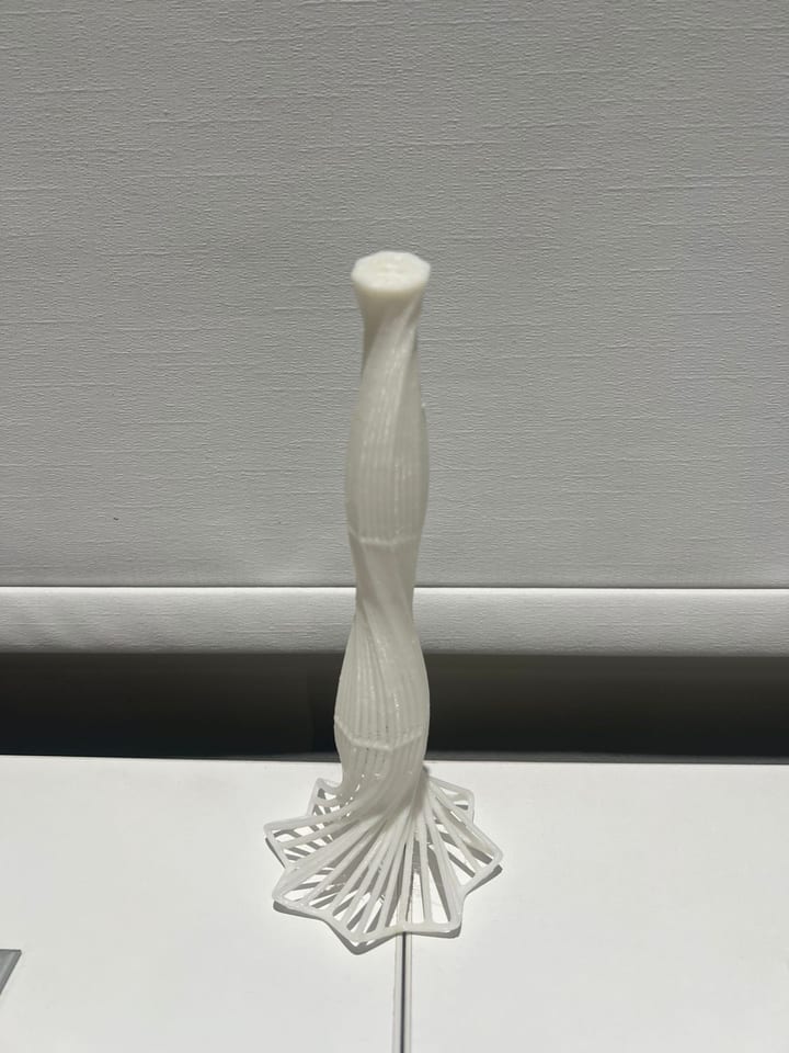 3D-printed model of the twisted-shaft tower with a fanned base