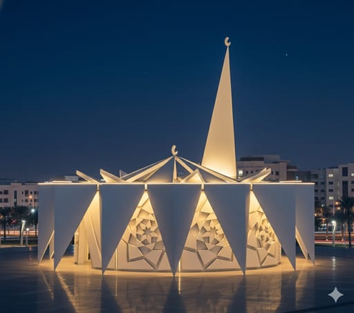 AI exploration: the folded-plate mosque at night with backlit geometric screens