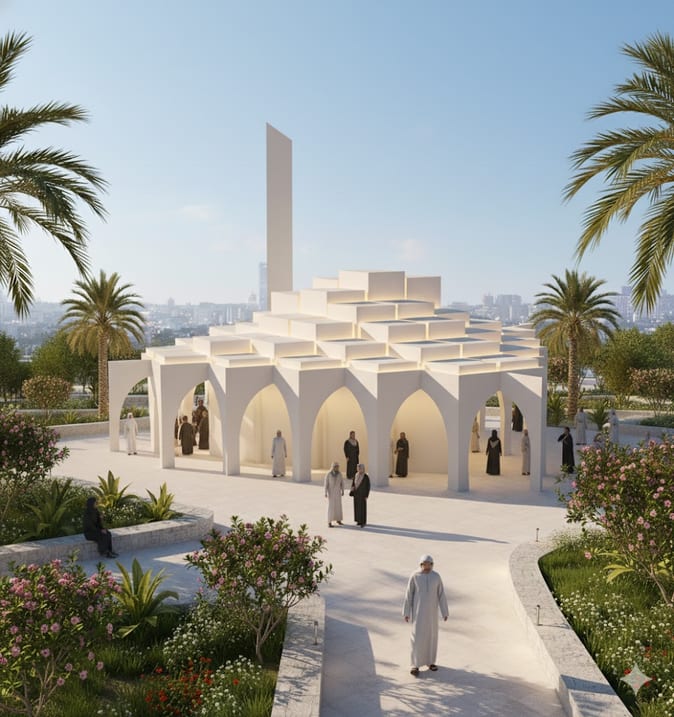 AI exploration: a mosque with a stacked-cube roof over a pointed-arch arcade, daytime