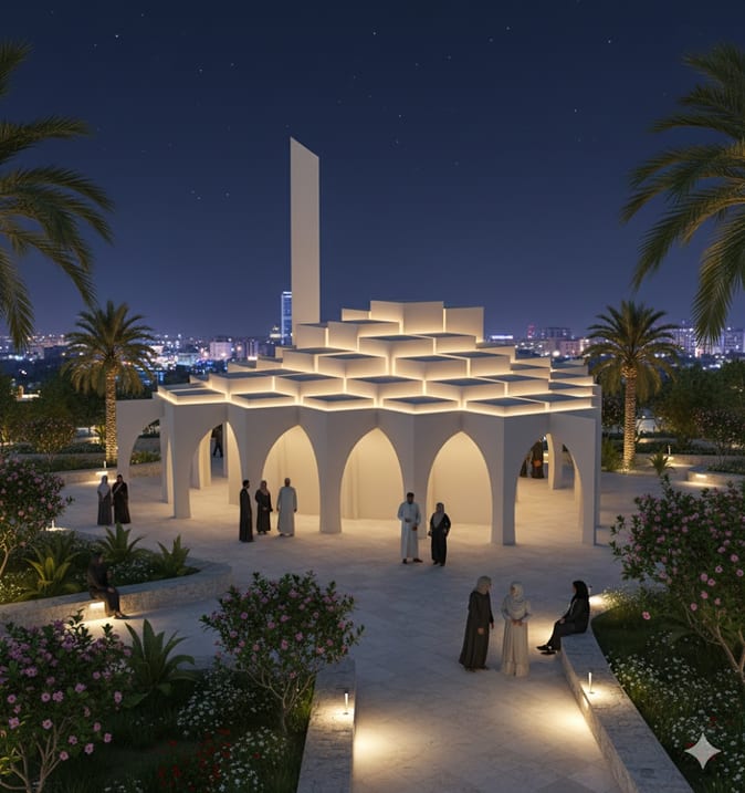 AI exploration: the stacked-cube mosque at night with a glowing roof