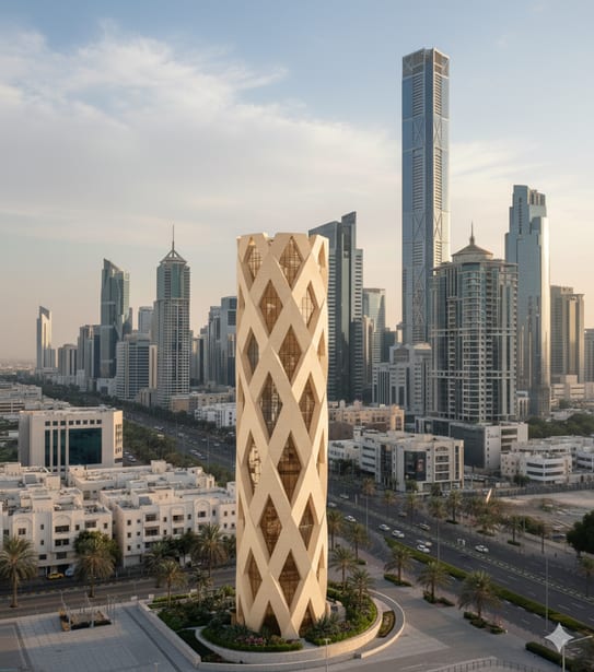 AI tower concept: a diagrid lattice tower in cream stone