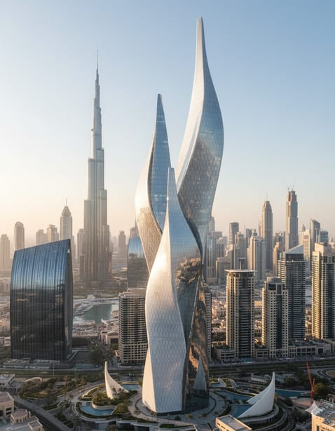 AI tower concept: twin twisting flame-shaped glass towers