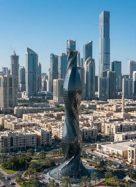 AI tower concept: a dark glass helically twisted tower above low-rise blocks