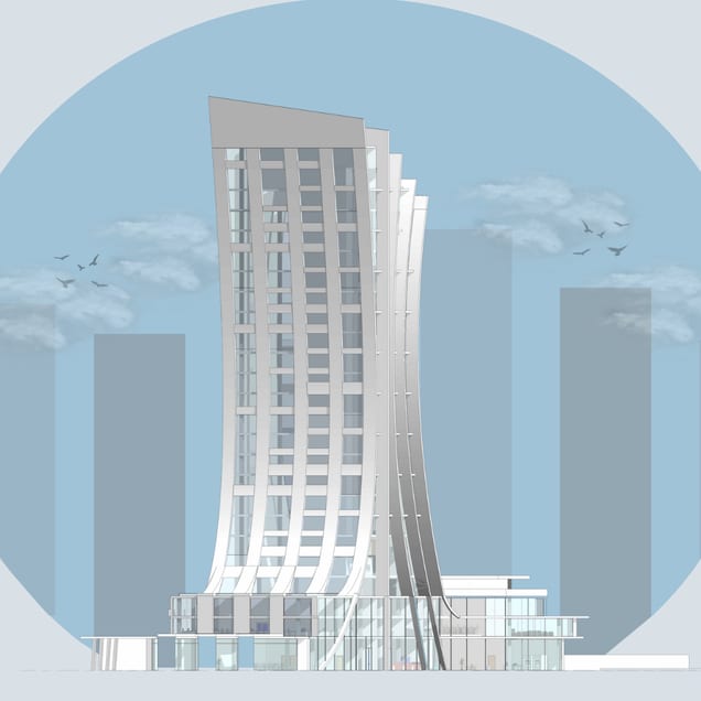 East elevation of the tower and podium in a circular skyline graphic