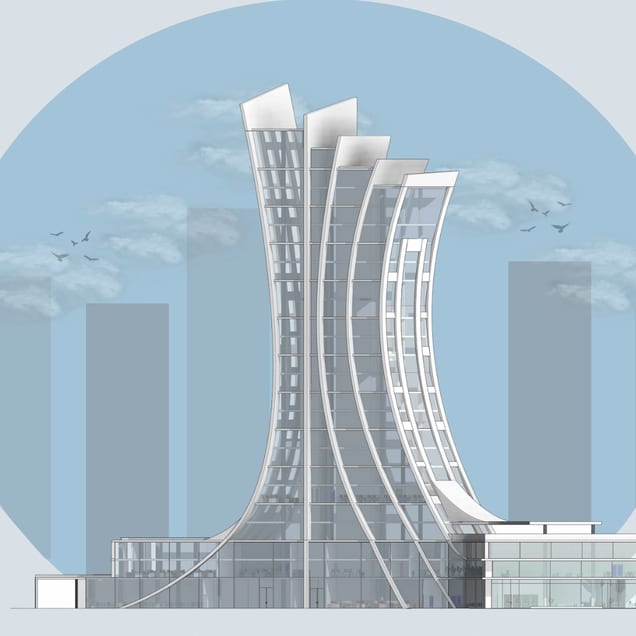North elevation of the tower and podium in a circular skyline graphic