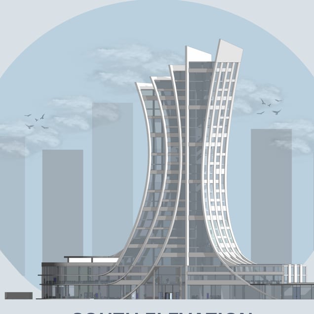 South elevation of the tower and podium in a circular skyline graphic