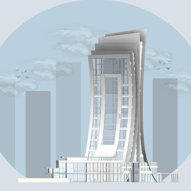 West elevation of the tower and podium in a circular skyline graphic