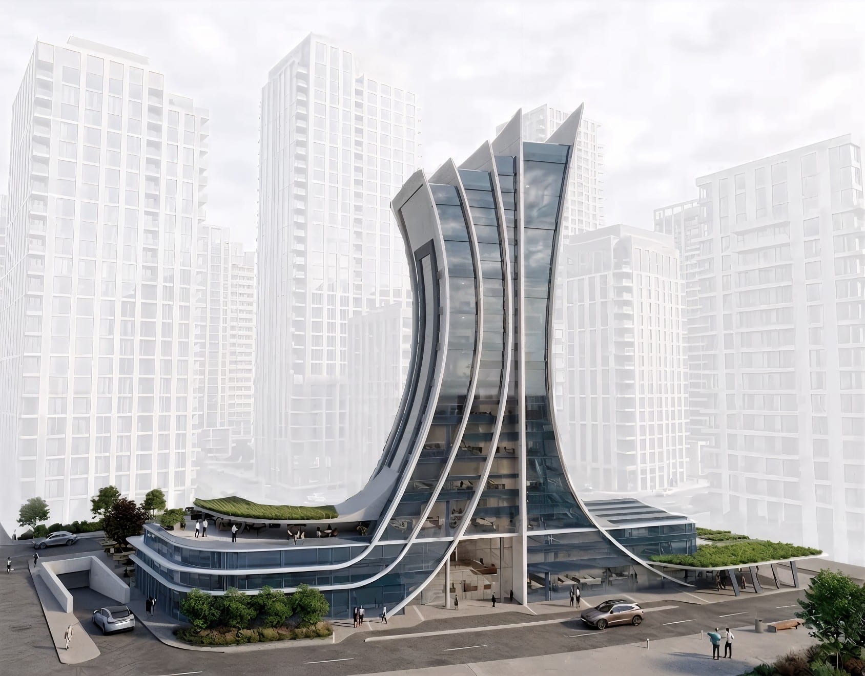 Divergent Tower: a concave curved glass tower with white fins rising from a two-storey podium with planted roof terraces