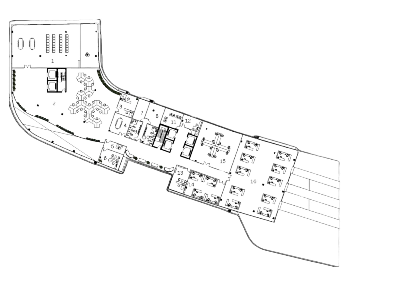 First floor plan of the L-shaped office floor with numbered rooms and workstations