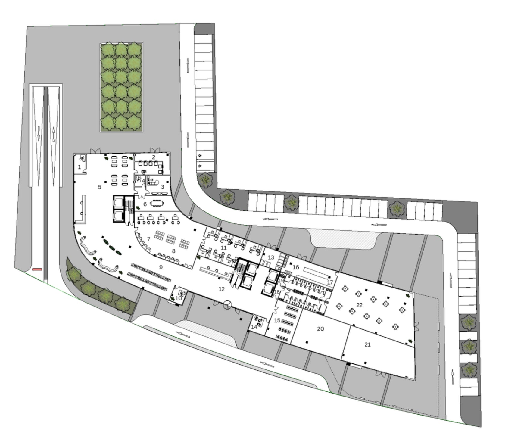 Ground floor plan of the bank with numbered rooms, perimeter parking and the vehicle ramp