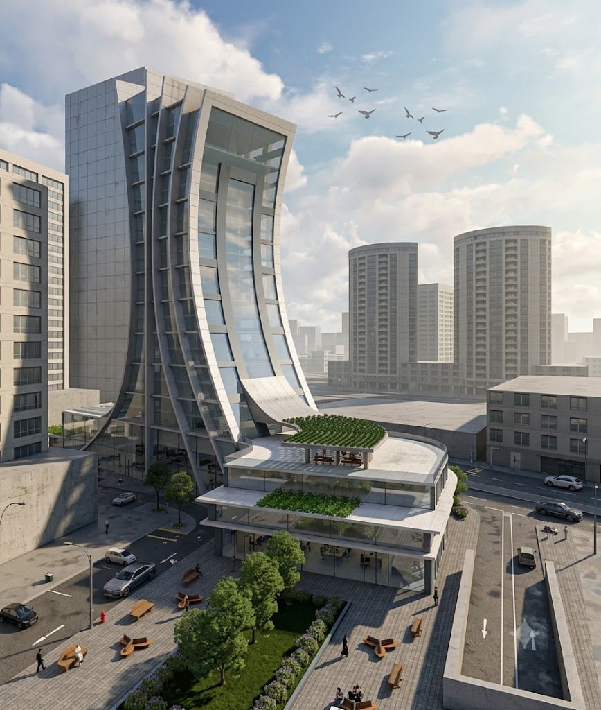 Elevated view of the curved tower rising from the podium with roof gardens, plaza and street below