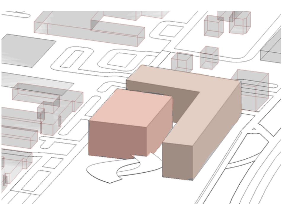 Stage 1 zoning: two extruded masses for recreational and mixed-use functions on the site