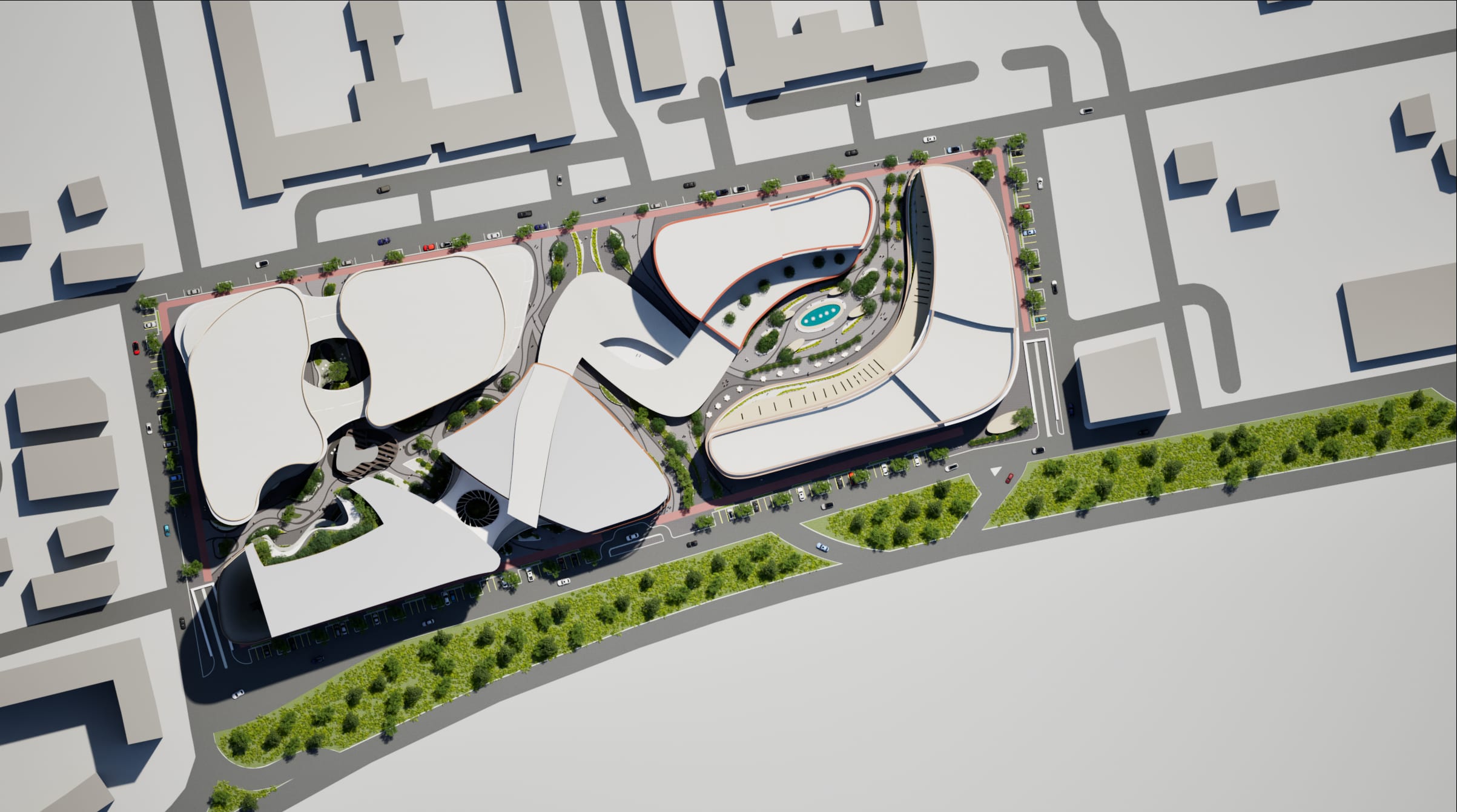 Bird’s-eye view of the Horizon Nexus master plan: white free-form blocks around a central pool and green belt