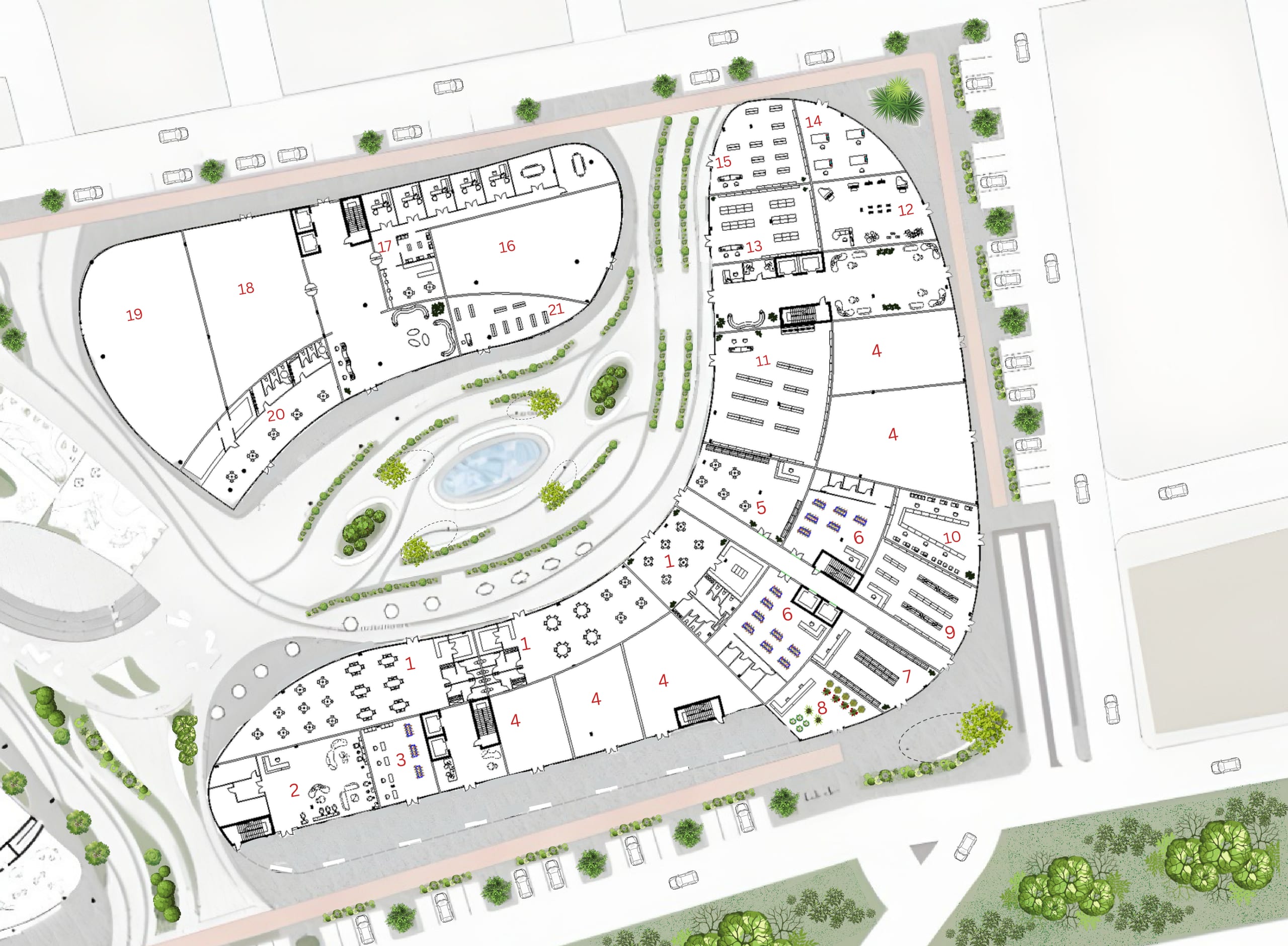 Ground floor plan of Aera and Terra with numbered mixed-use and recreational spaces, set into the site plan