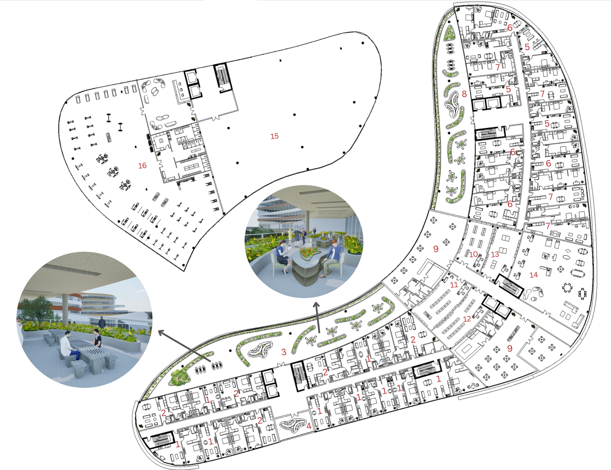 First and typical floor plan with numbered serviced apartments, dormitory, mall and recreational spaces, and two terrace insets