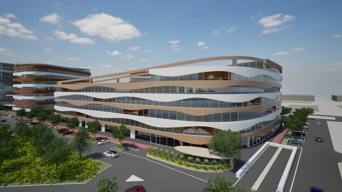 Corner view of the mixed-use wing with wavy white and copper facade bands and ground-floor shops