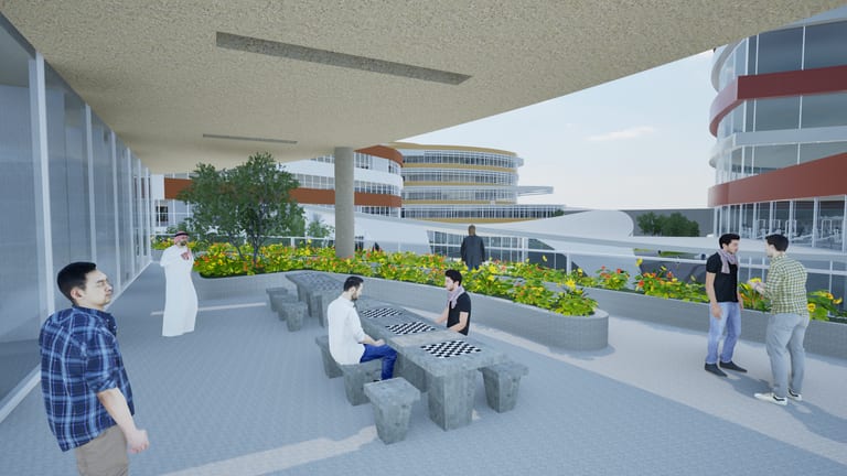 Shared open terrace under a curved canopy with chess tables and planters