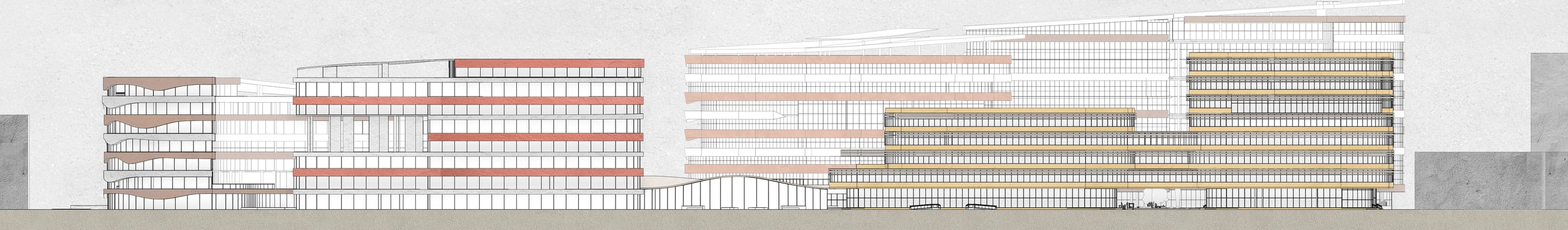 Urban elevation of the whole development, cropped to the building band