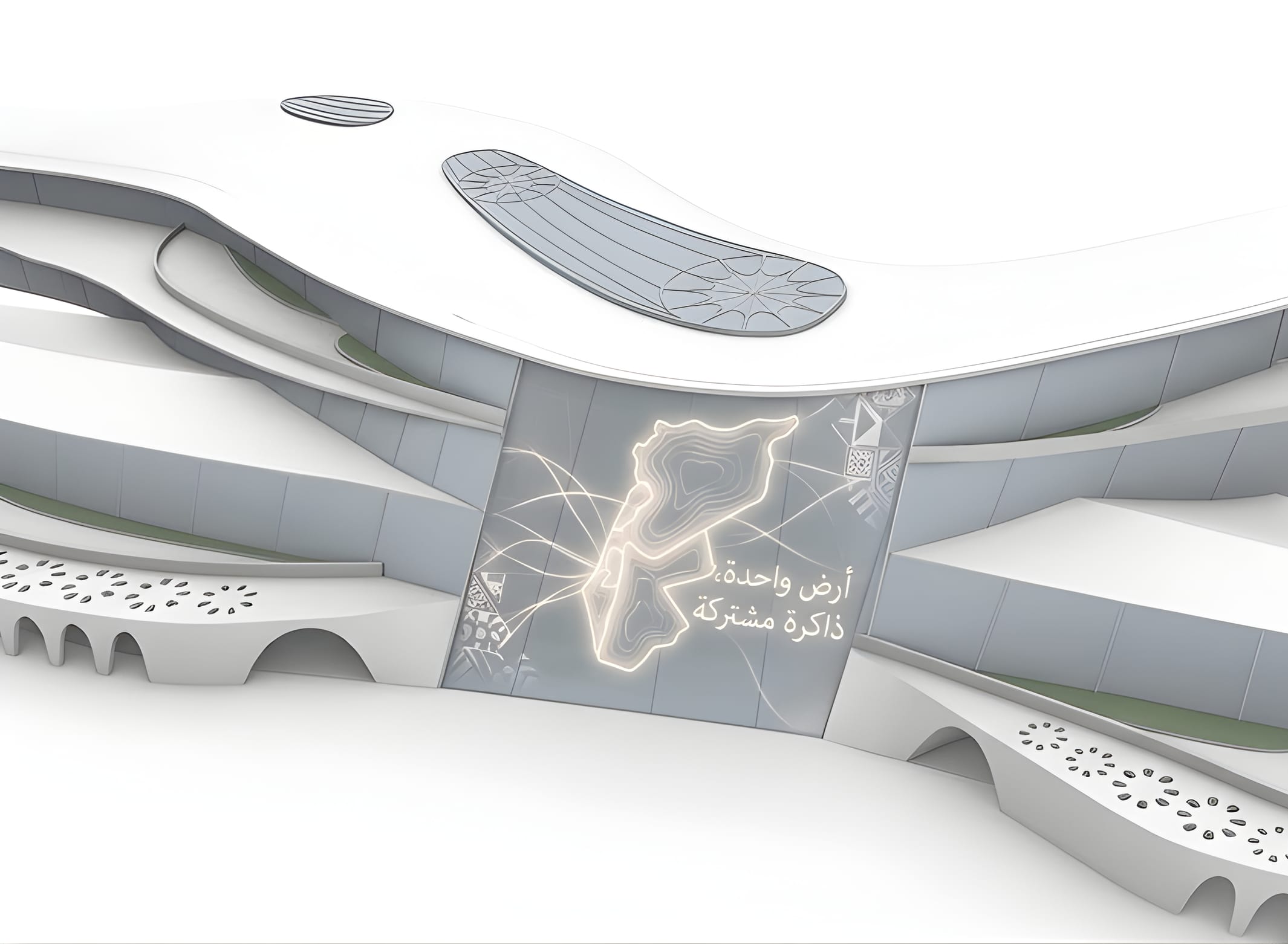 White-model view of the building with a glowing map of Bilad al-Sham on the central glass facade