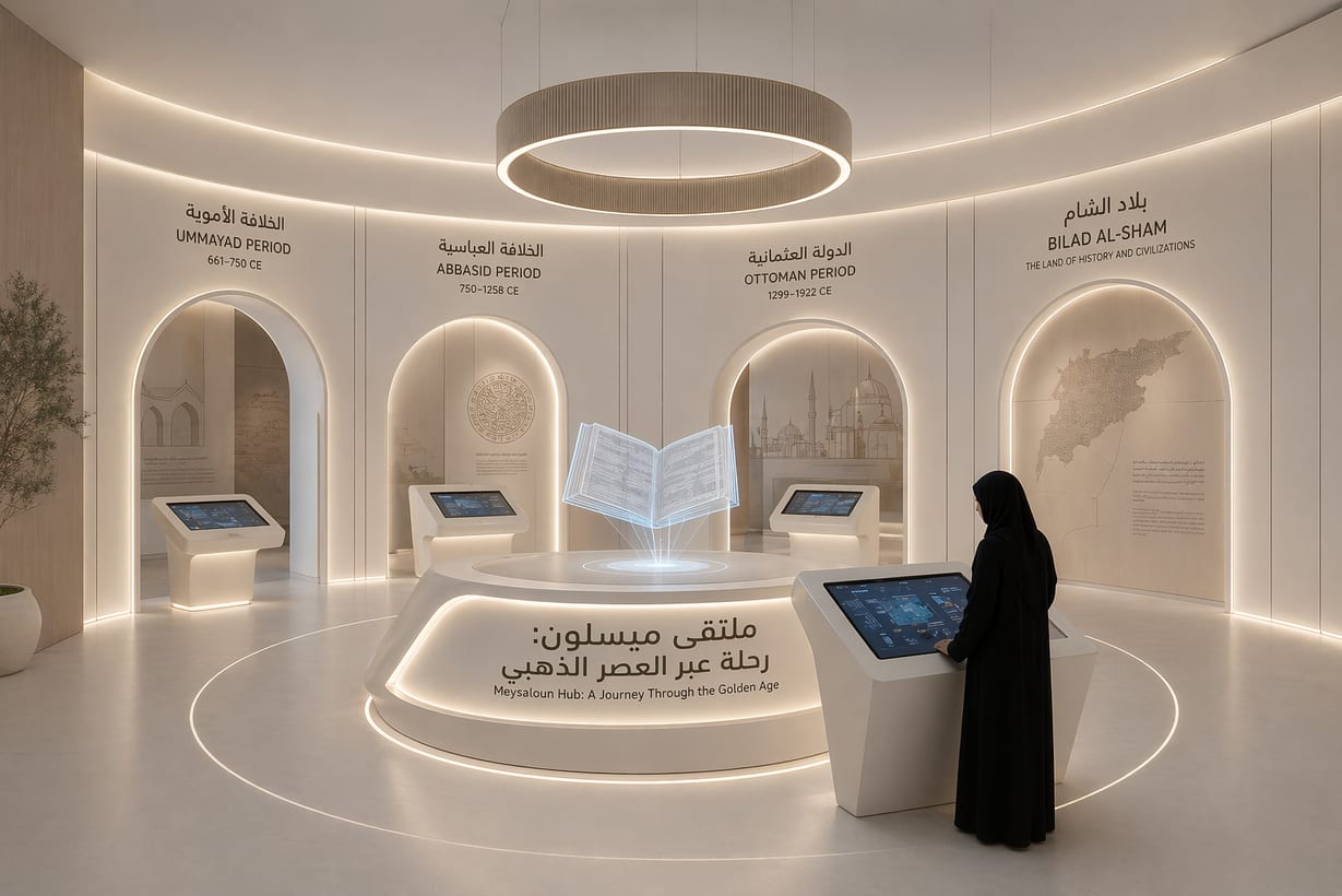 Period gallery with arched niches for the Umayyad, Abbasid, Ottoman and Bilad al-Sham eras and a holographic book