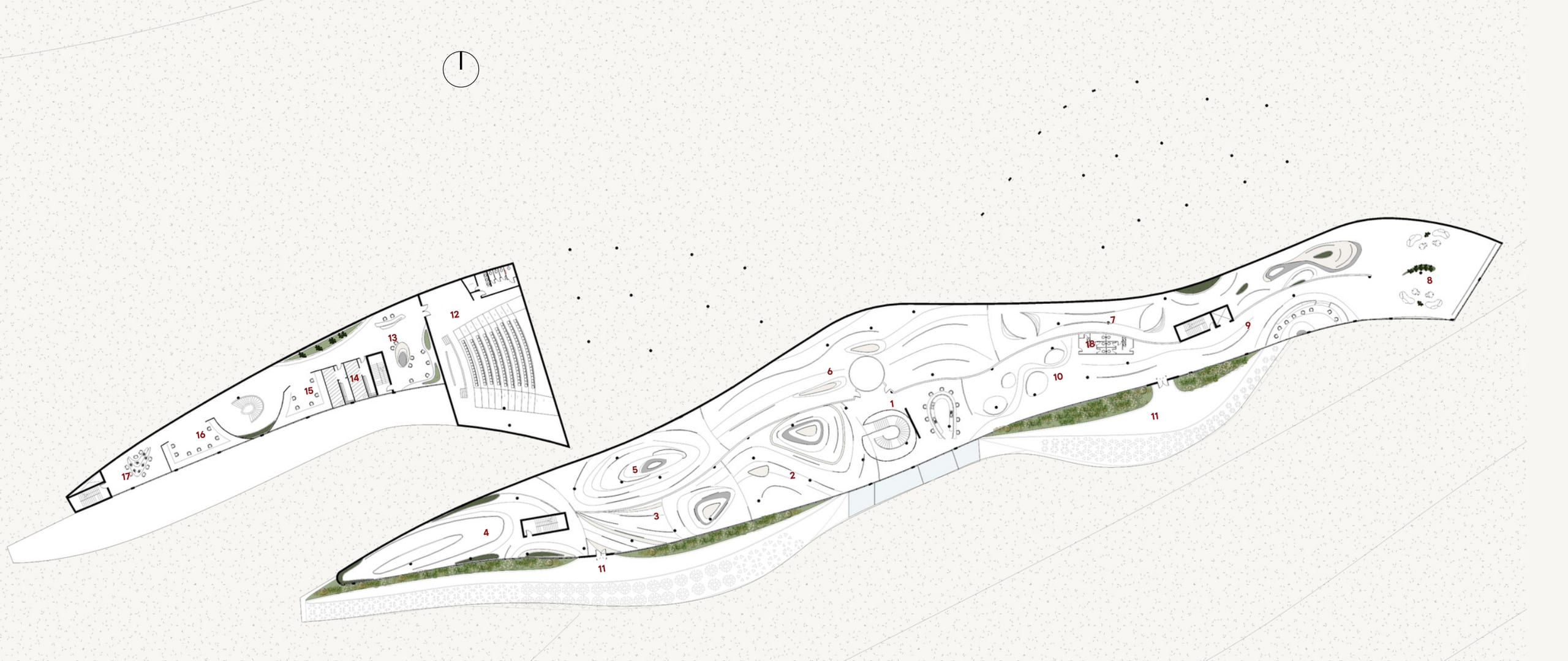 First floor plan, the journey of Bilad Al-Sham: auditorium block and long gallery wing with numbered rooms