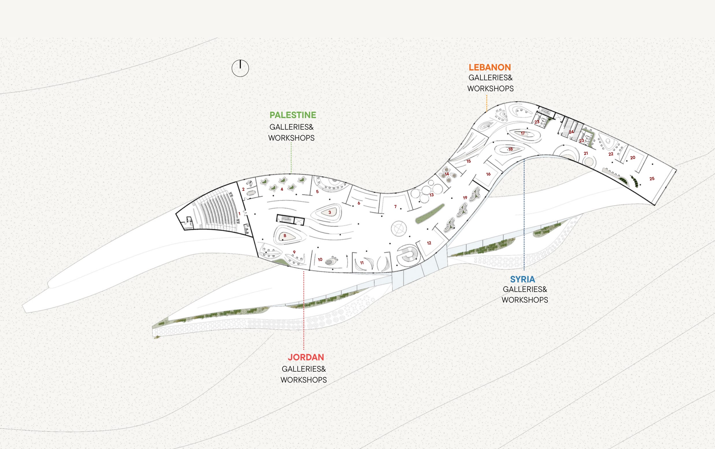 Second floor plan, Bilad al-Sham cultural quadrants: S-curved gallery wing with Palestine, Lebanon, Syria and Jordan galleries
