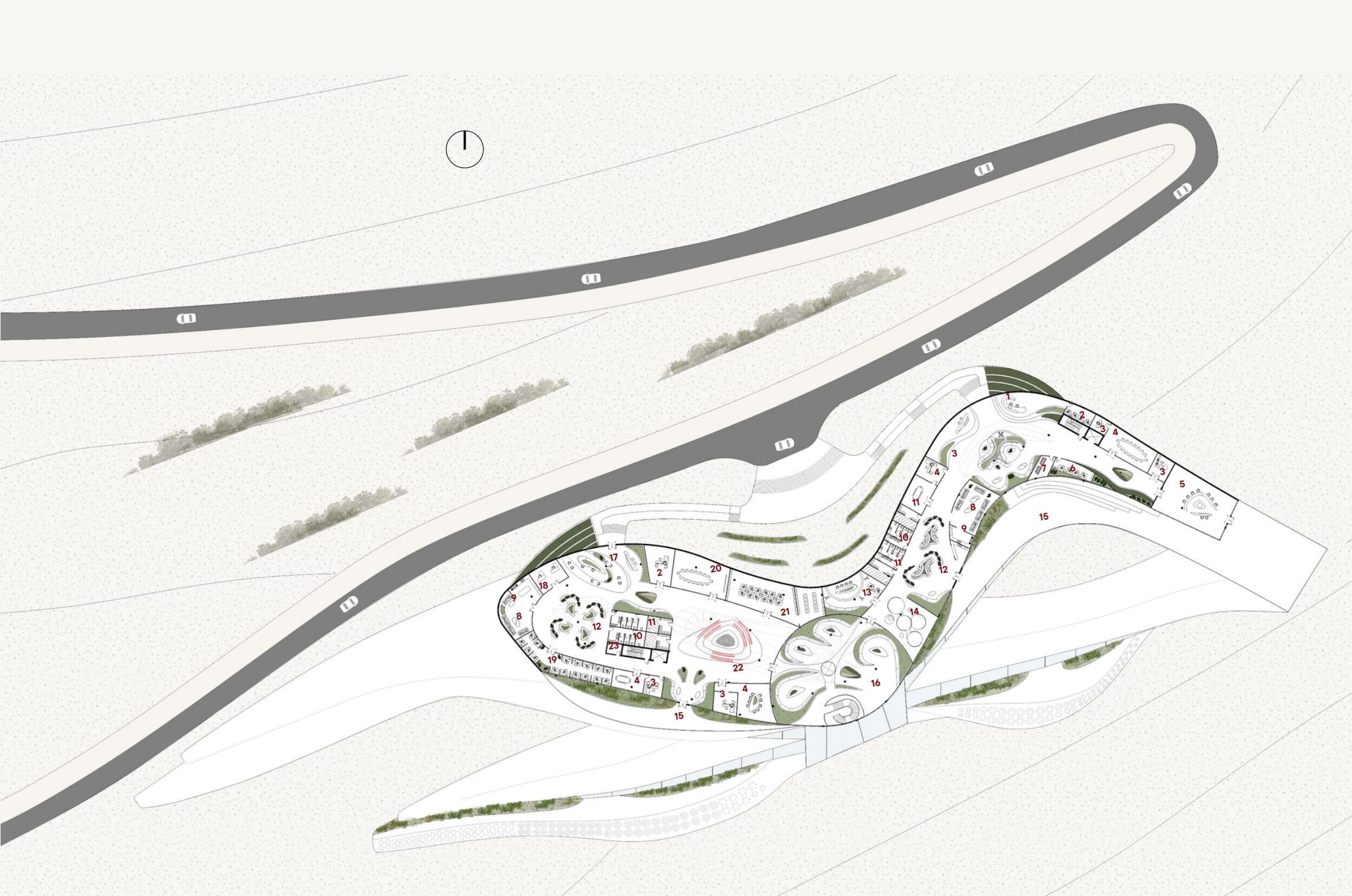 Third floor plan, research, innovation and VIP level: upper curved wing with the road looping around it