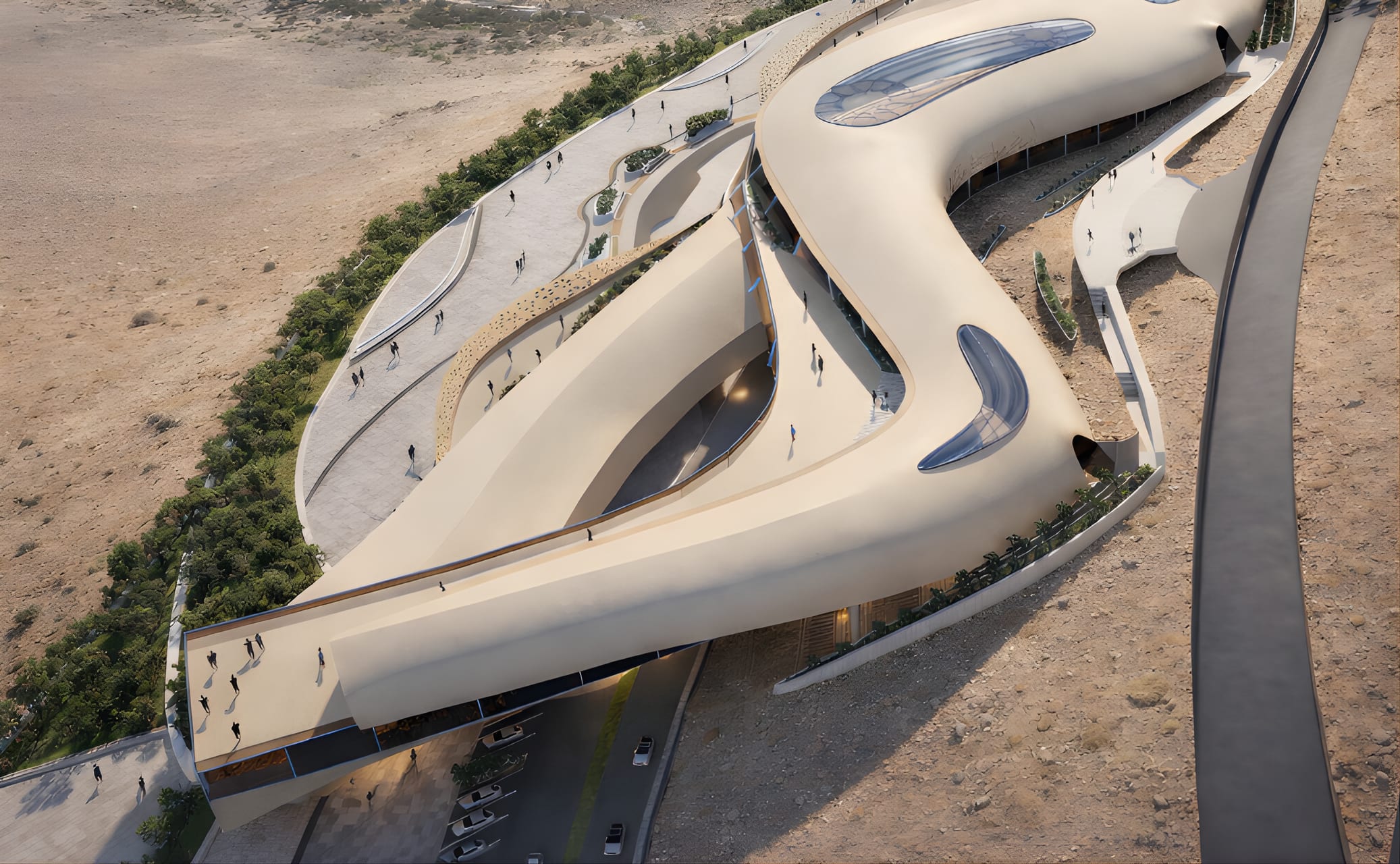 Close bird’s-eye view of the sculpted roof with skylights, ramped terraces and the planted slope