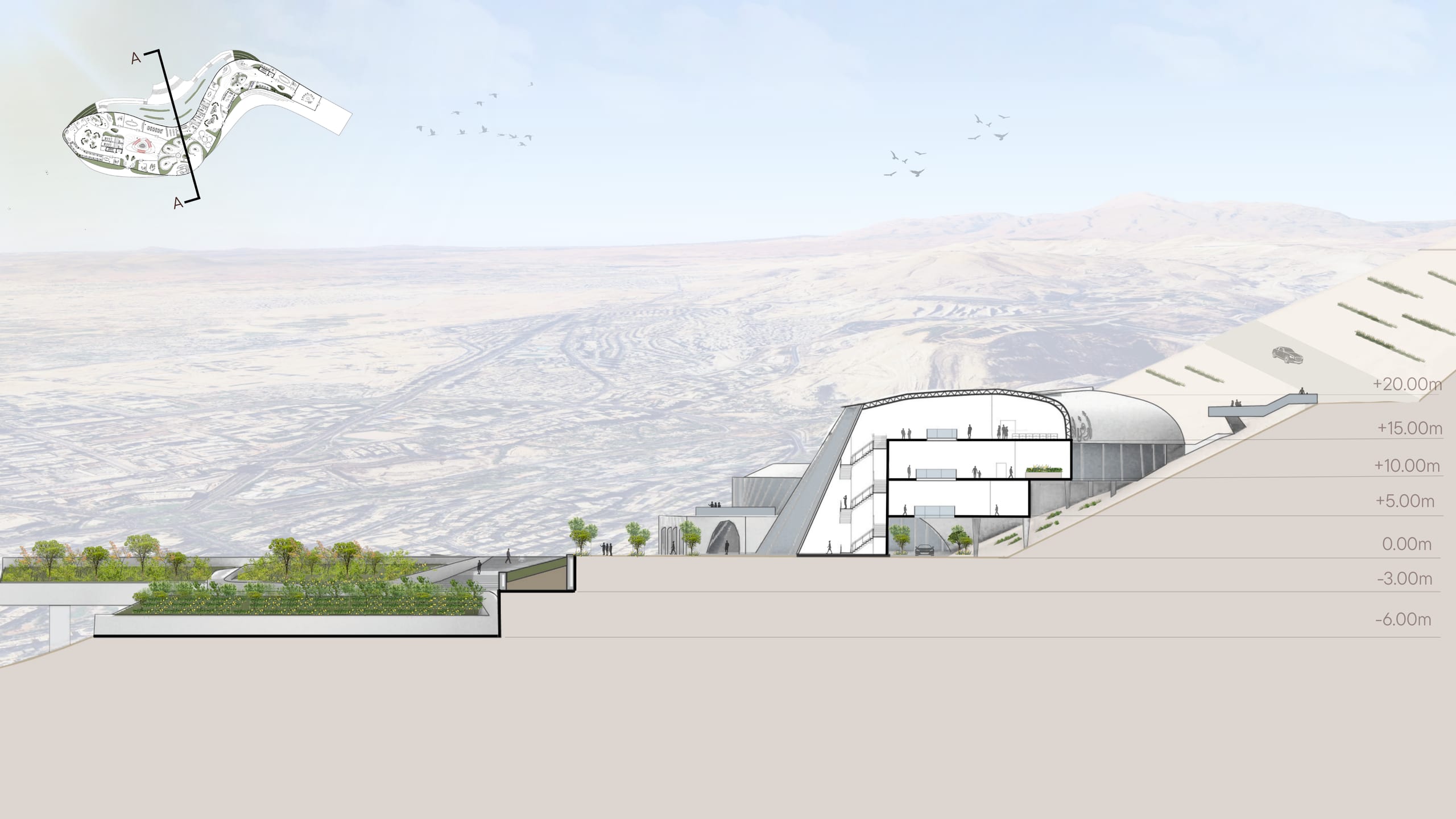 Section A through the building cut into the slope, with level datums from +20 m to −6 m over the Damascus panorama