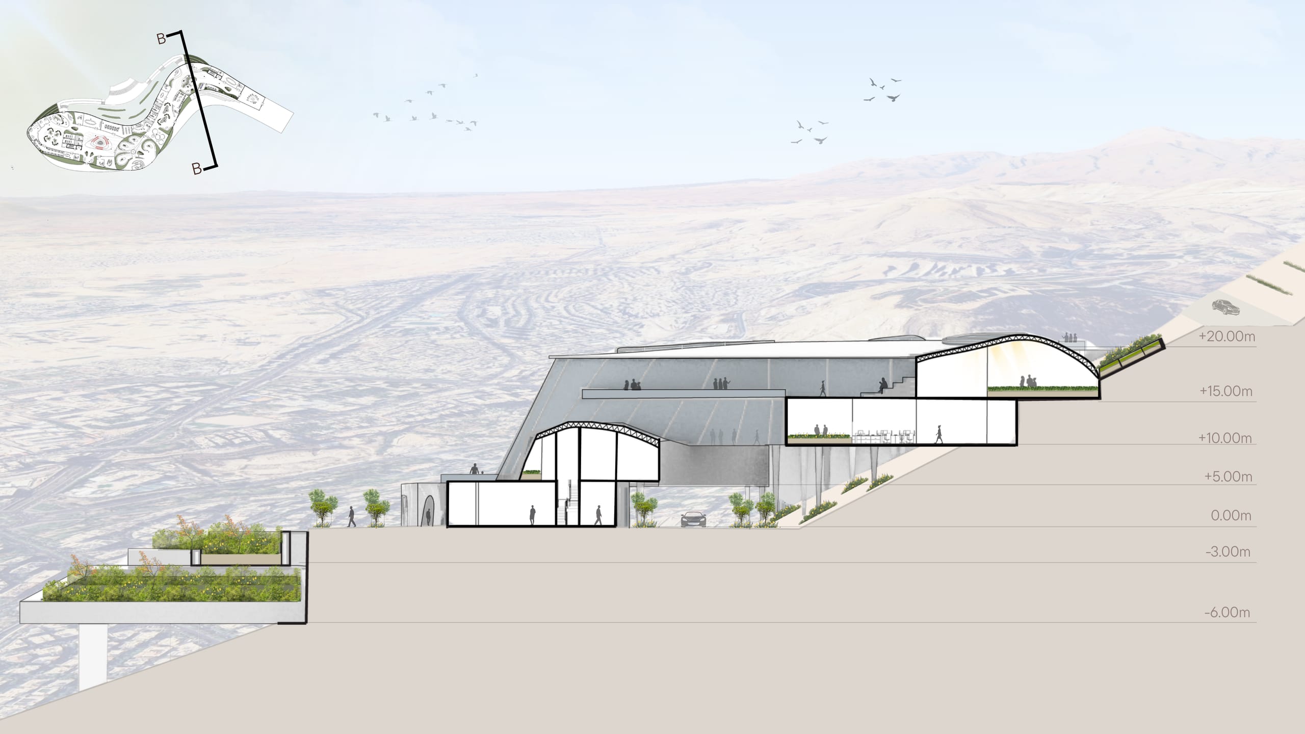 Section B through the main gallery wing and the cantilevered garden terraces, with level datums