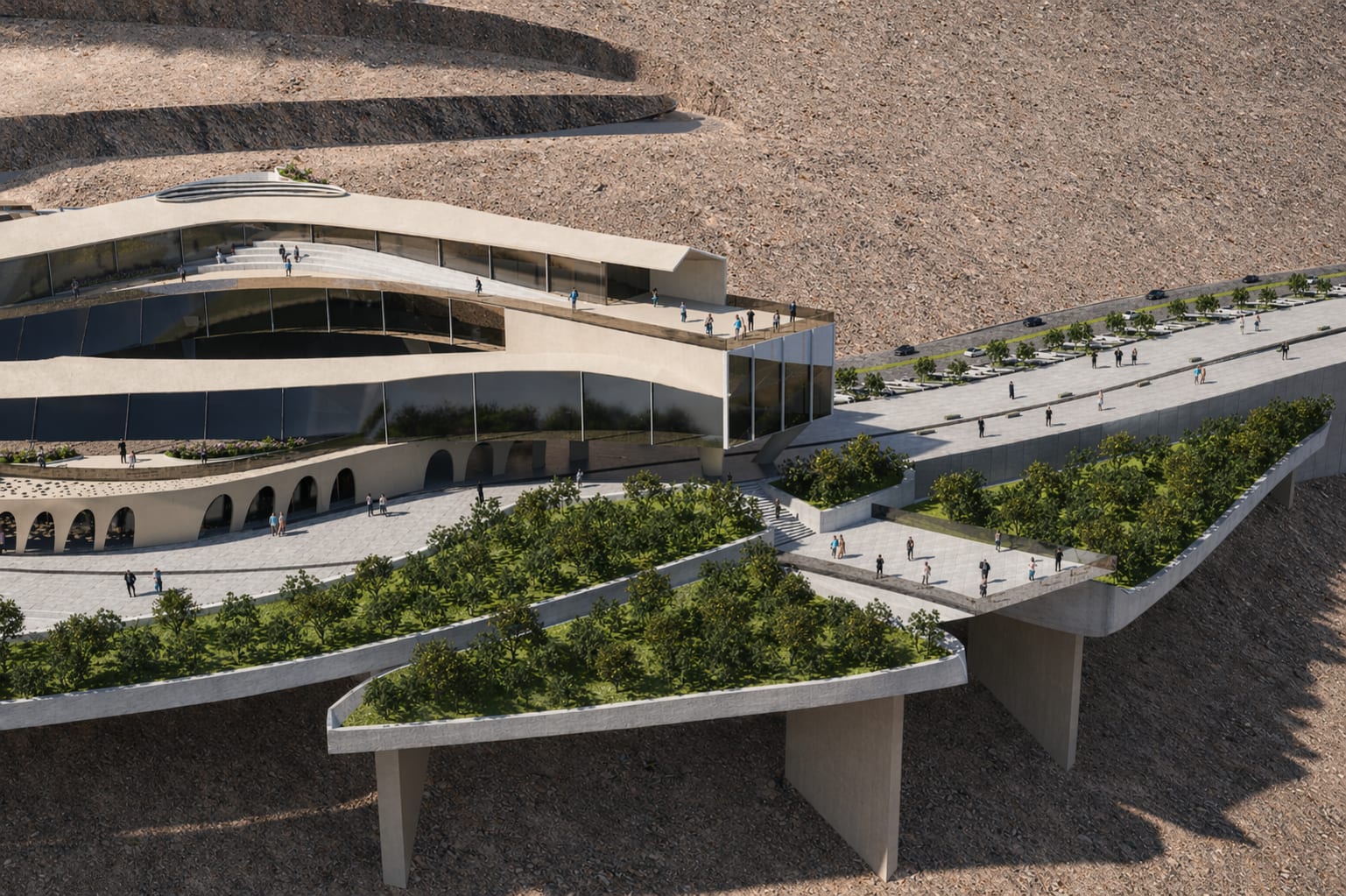 Elevated close-up of the terraced building with mirrored glazing, arched base and planted cantilevered decks
