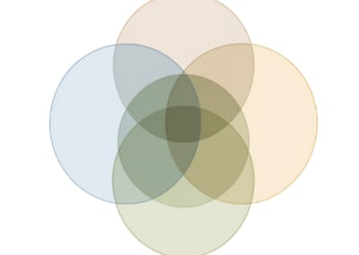 Four translucent circles fully overlapping, the final unity step of the concept diagram