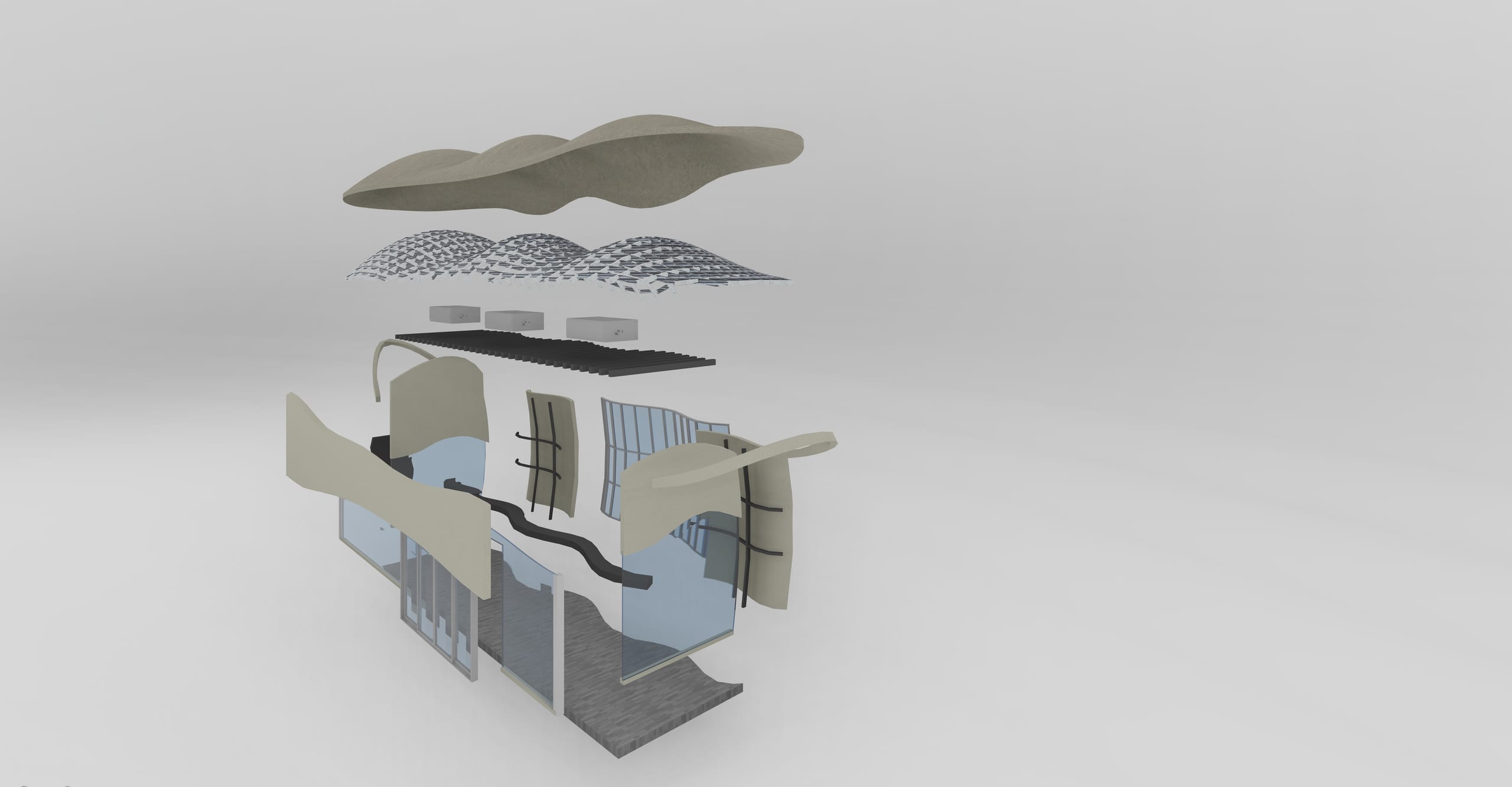 Exploded axonometric of the bus shelter with its layers separated vertically