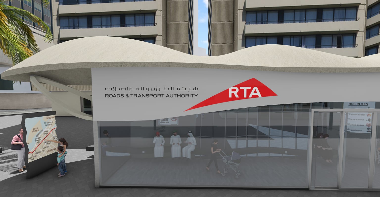 The curved advertisement wall beneath the wavy roof carrying the RTA graphic