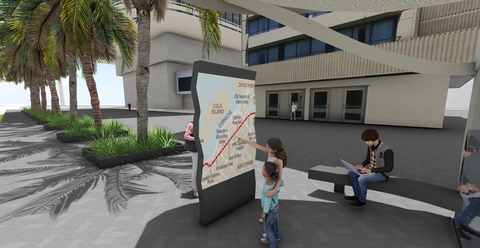 Digital route map totem for the bus stop with a woman and child