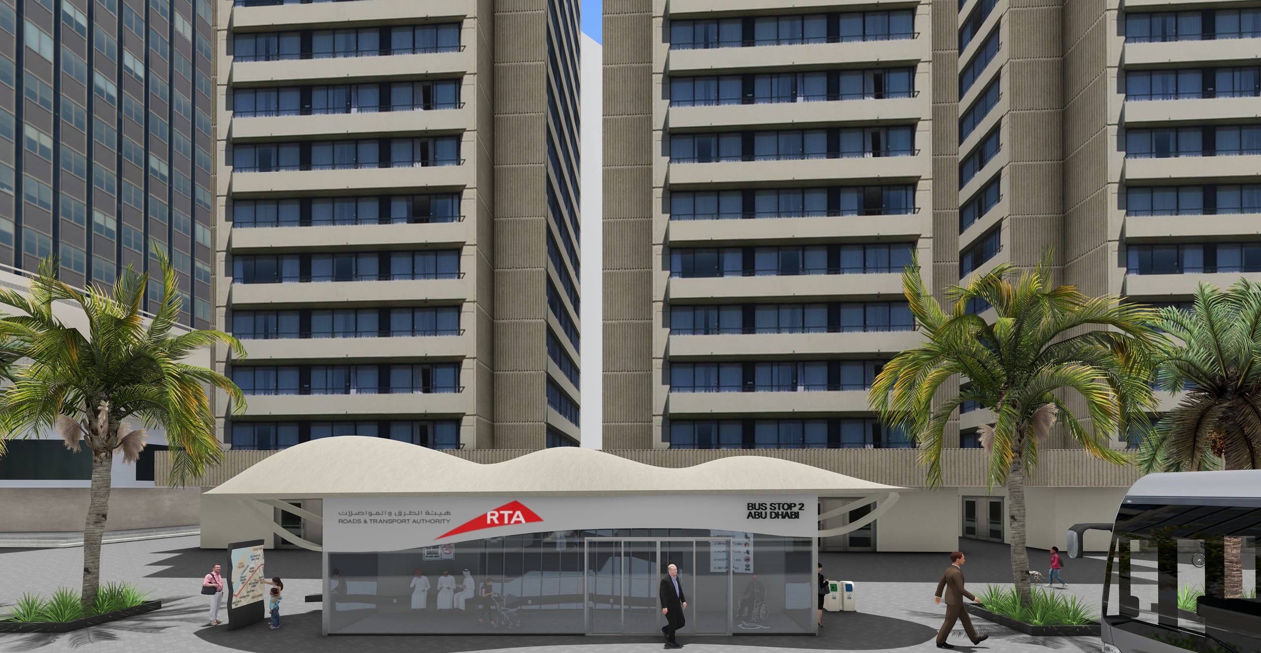 Front view of the Sahara Shade bus shelter: wavy roof, glass front, RTA signage, palms and a bus