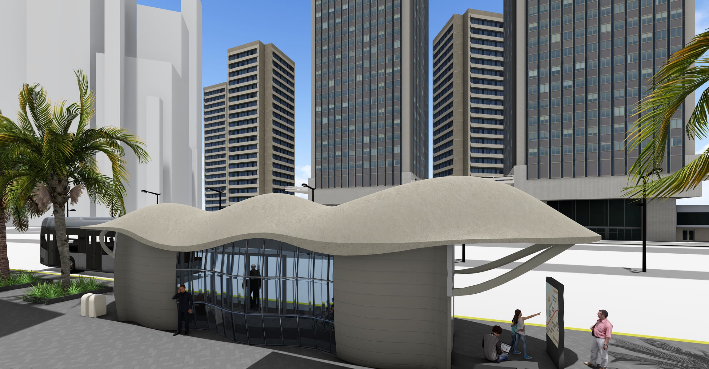 Back side of the shelter: wavy GRC roof over grooved end walls, with an open overhang sheltering an outdoor bench