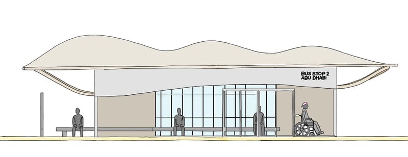 Digital sketch, front view of the shelter with the wavy canopy and seated figures