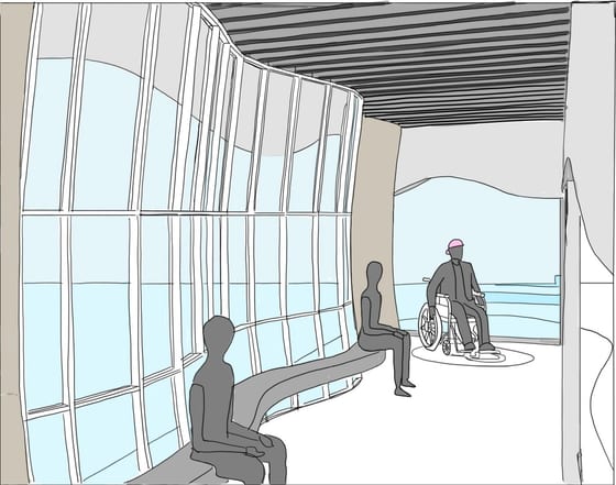 Digital sketch, interior view with the curved glazed wall, slatted ceiling and seated figures