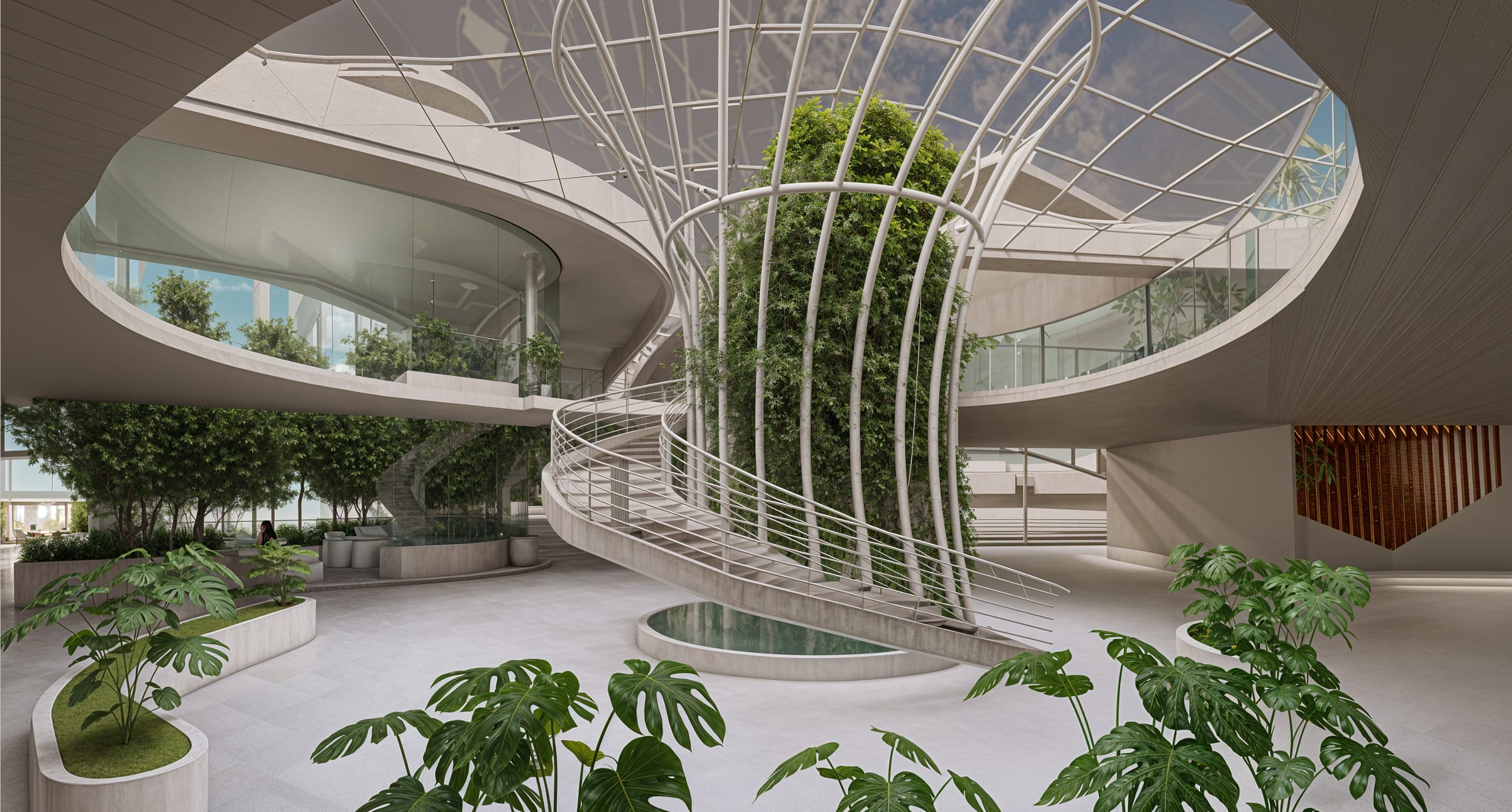 Central atrium: a white spiral stair wrapping a tree column of greenery under a gridded skylight
