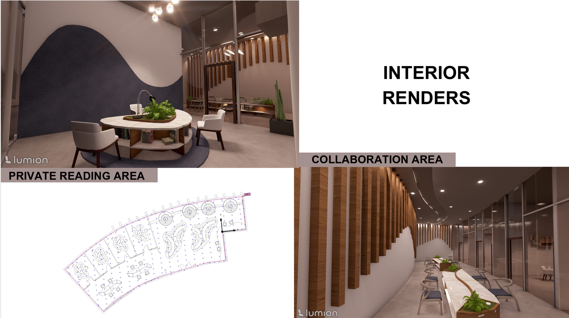 Interior renders board: private reading area, reading-pod furniture layout and collaboration area