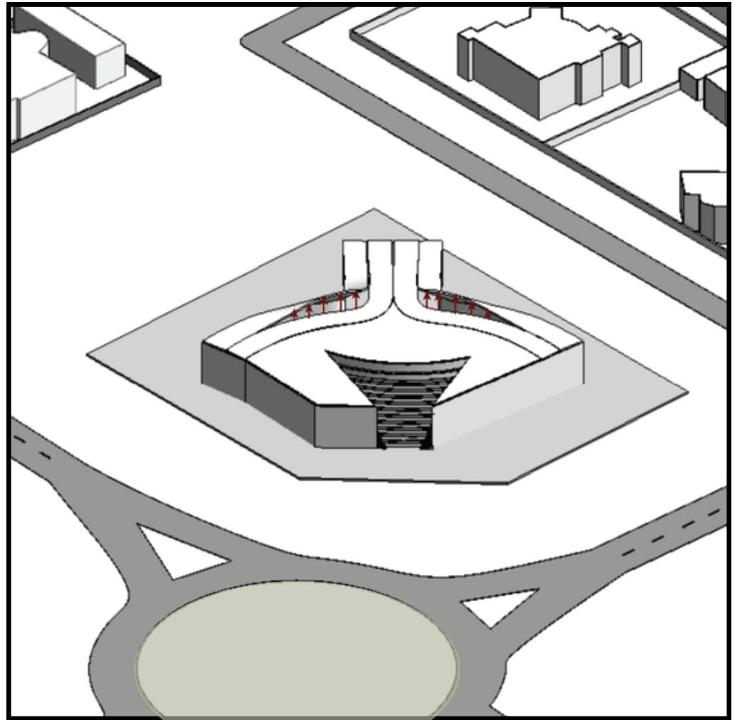 Concept step 04: a curved roof opening forming the courtyard