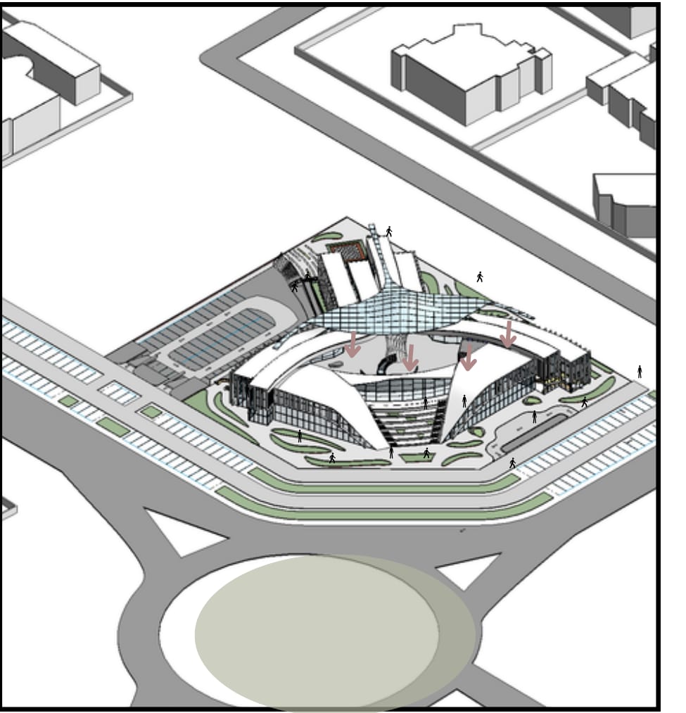 Concept step 06: the final design with fan column, skylight and greenery