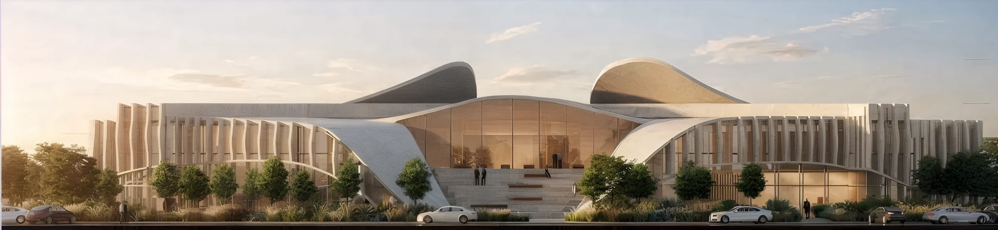 North elevation at sunset: glazed central entrance with steps flanked by curved shells