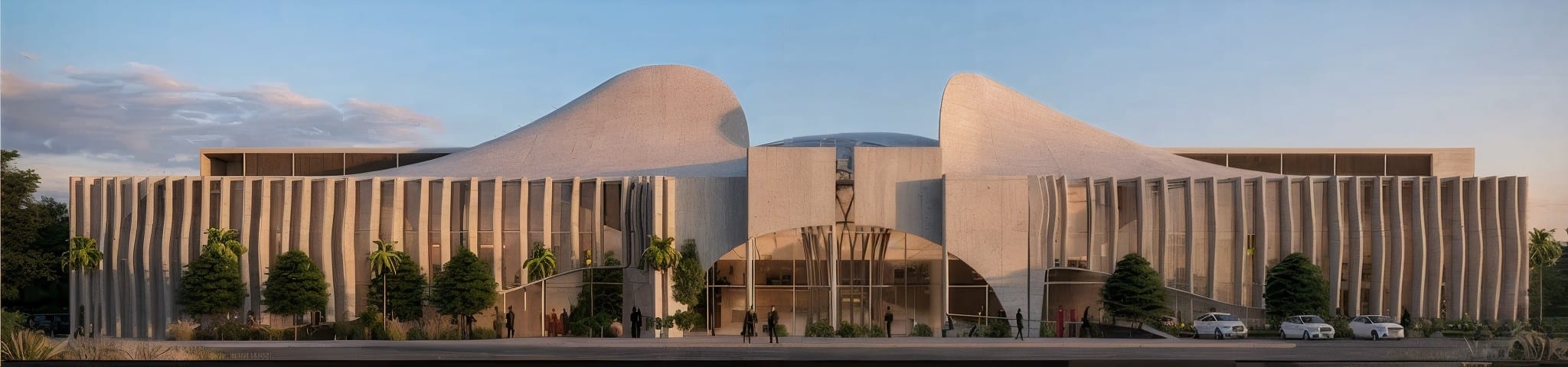 South elevation at twilight: twin curved shells over a vertical-fin facade