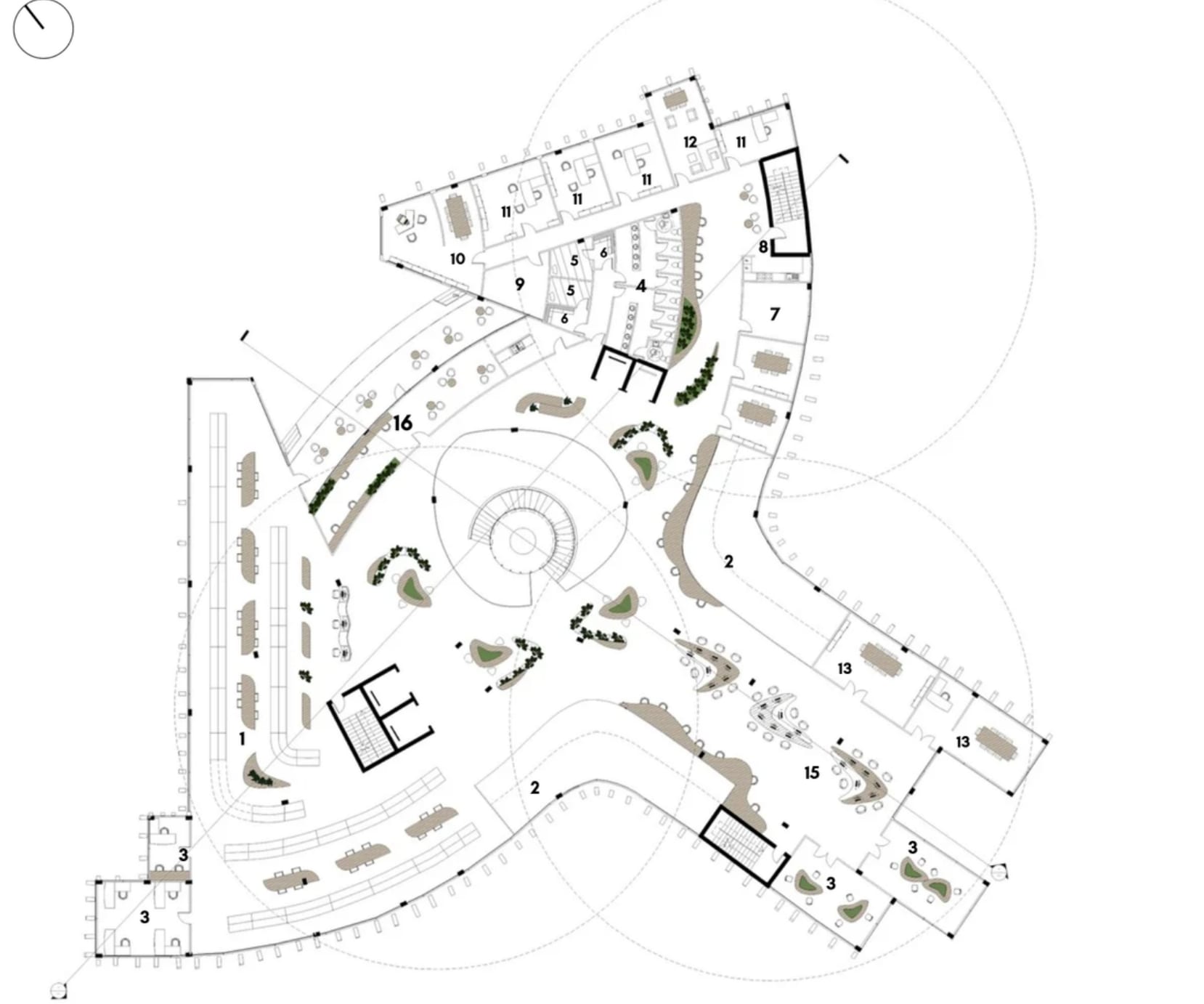 First floor plan with numbered spaces around the central spiral stair: collections, workspaces, offices, meeting rooms