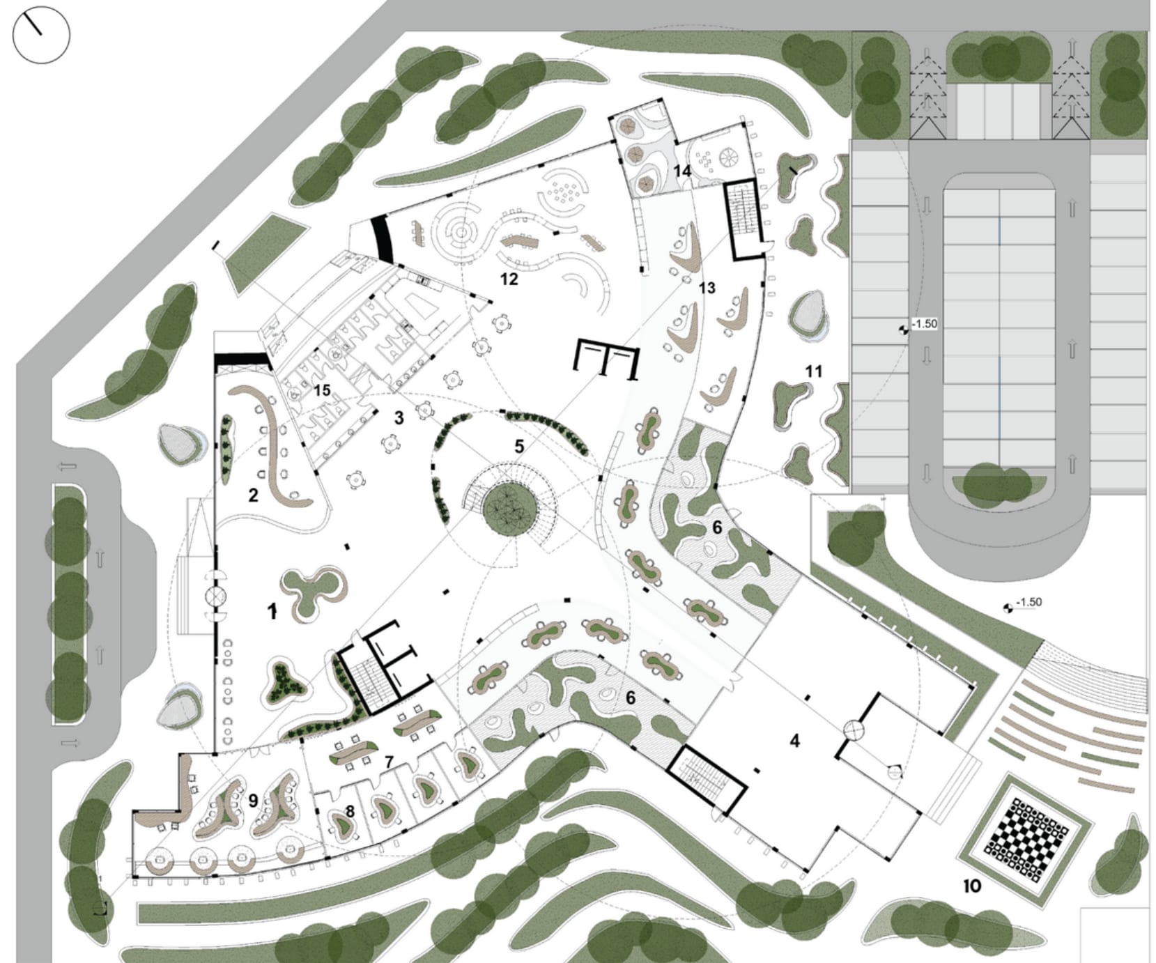 Ground floor plan with numbered spaces: lobby, cafe, multipurpose hall, atrium, courtyards, reading and children areas